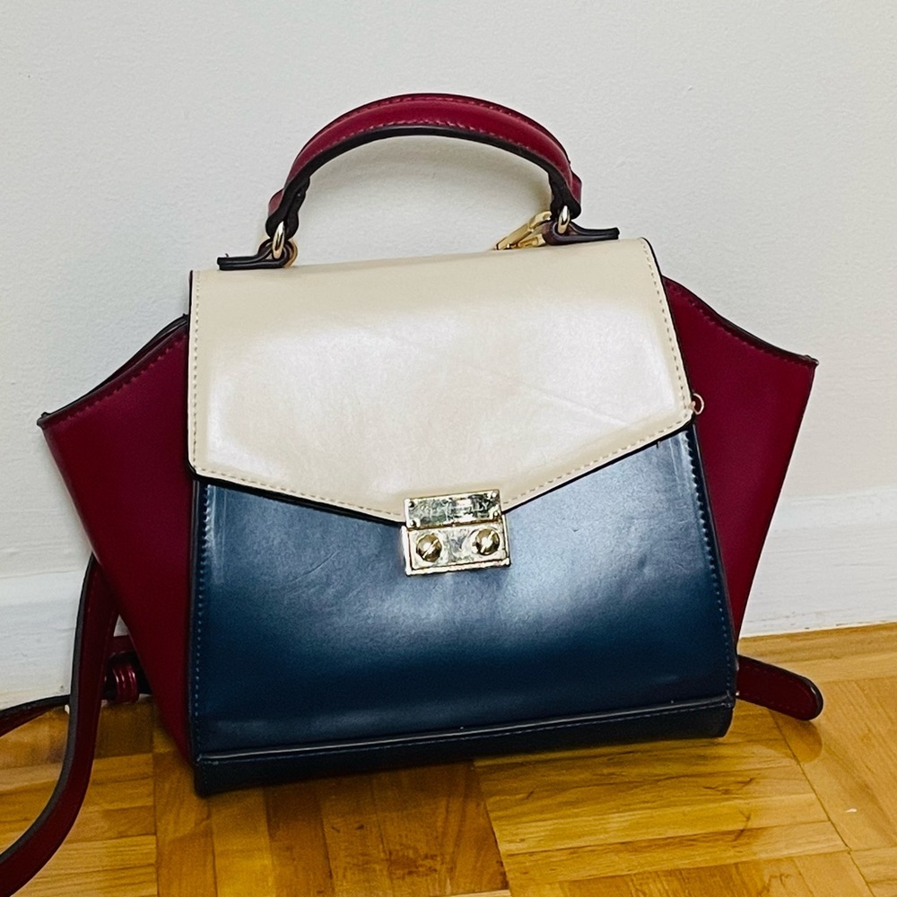 Navy blue colourblocked regular PU swagger handheld bag